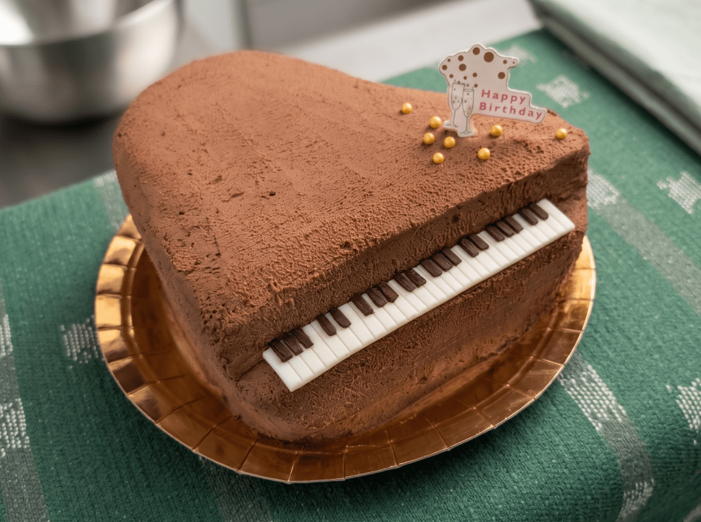 Chocolate mousse cake sculpted in the shape of a 2D grand piano